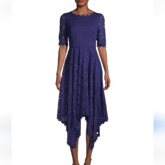 Shani Lace Asymmetrical Sharkbite Hem Midi Blue Women Size 16 - Picture 1 of 7